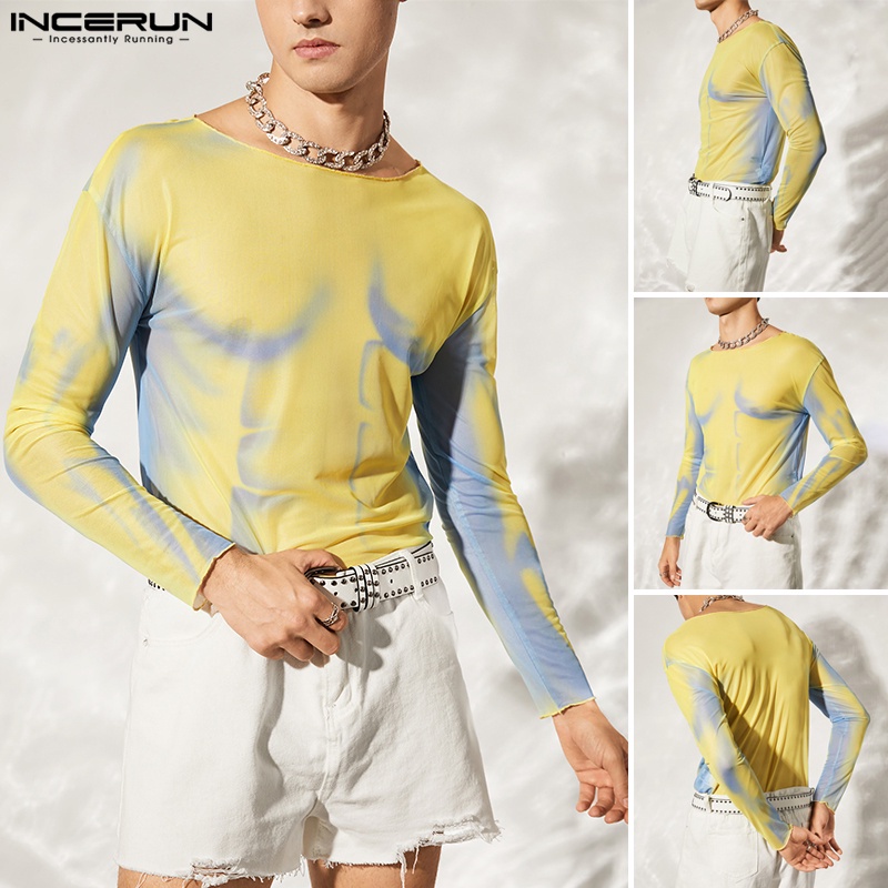 INCERUN Áo Thun Tay Dài Cổ Tròn In Hình Cơ Bắp Phối Lưới Thời Trang Cho Nam