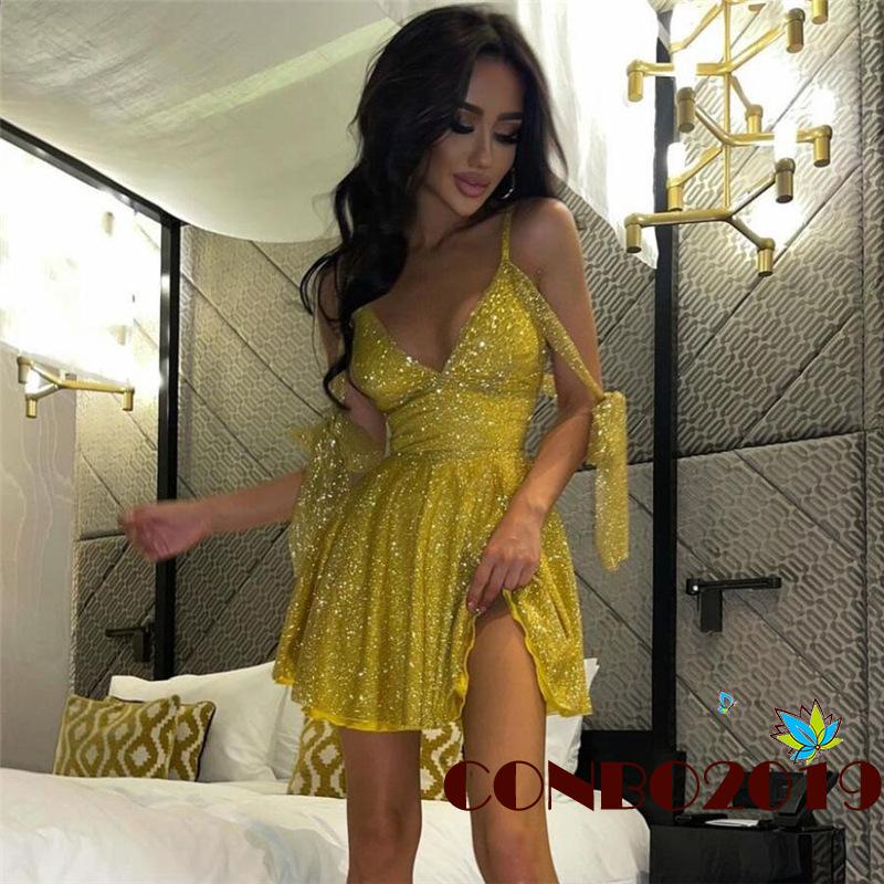 Đầm Hai Dây Cổ Chữ V Màu Sắc Lấp Lánh Thời Trang Dự Tiệc Cho Nữ
