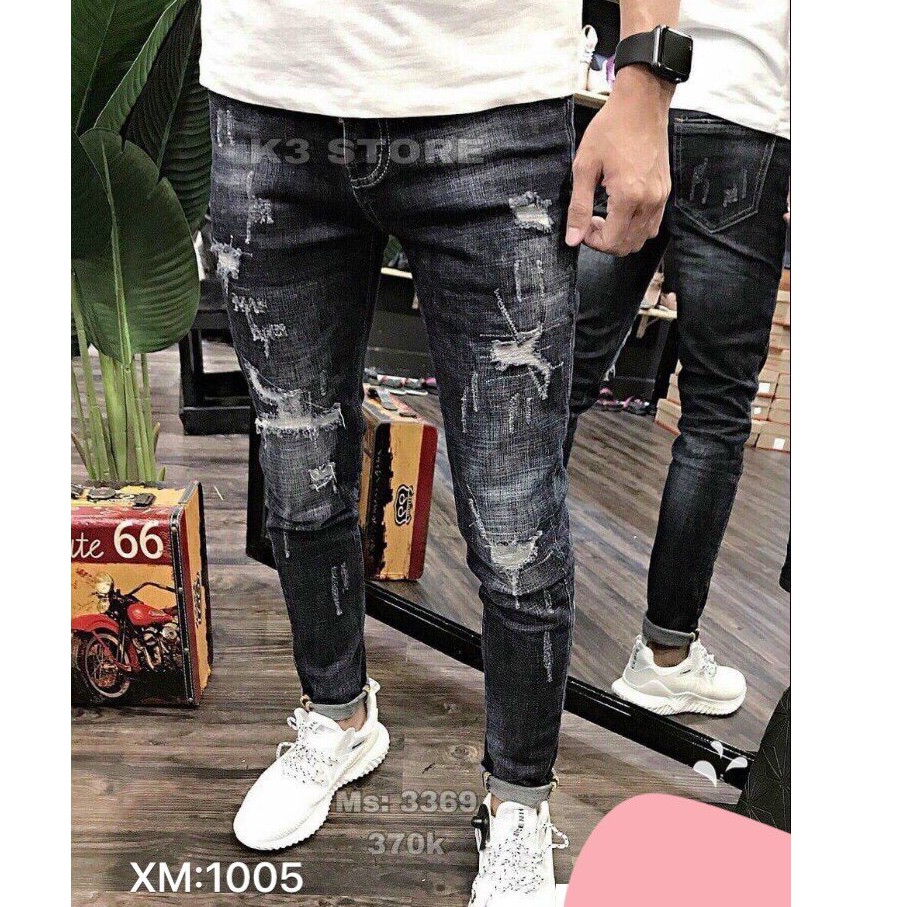 Quần Jean Nam  𝐅𝐑𝐄𝐄 𝐒𝐇𝐈𝐏  Màu Đen Wash Trắng,Rách Nhẹ, Chât Bò Co Dãn Bốn Chiều 1005