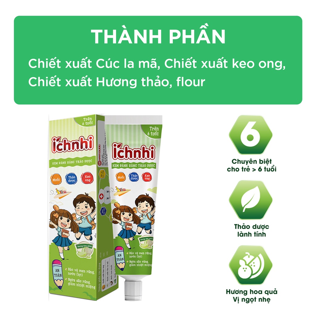 Kem đánh răng thảo dược Ích Nhi hương dưa gang tuýp 75g cho bé trên 6 tuổi nuốt được bảo vệ răng sữa, ngừa sâu răng