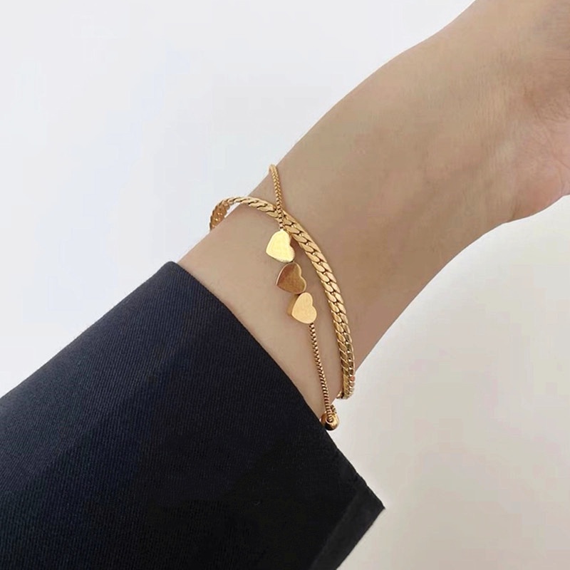 Vòng tay nữ 100% TITAN - KHÔNG GỈ - KHÔNG PHAI MÀU dành Phụ kiện trái tim hình trái tim bằng vàng 18K hai lớp