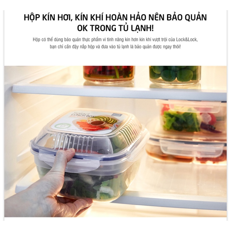 Hộp đựng Salad có Khóa 4 cạnh Kín Hơi Lock&Lock kèm khay nước sốt HSM8450T 1.6L