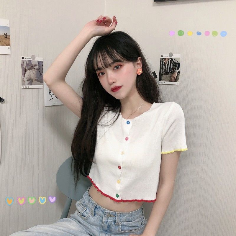 Áo Thun Dệt Kim Tay Ngắn Cài Nút Màu Sắc Thời Trang Mùa Hè Hàn Quốc 2022 Dành Cho Bạn Nữ