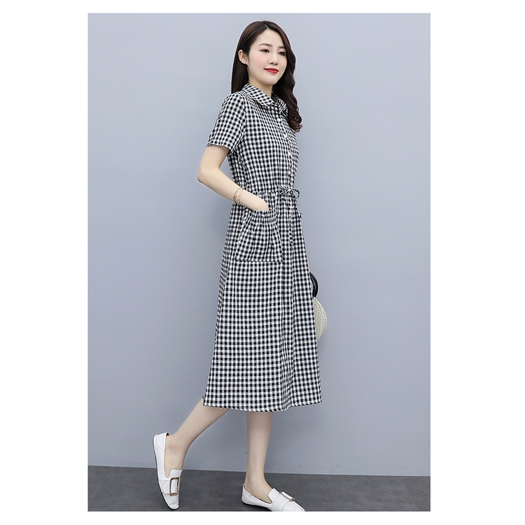 Váy sơ mi váy suông nữ đầm suông sơ mi form rộng họa tiết kẻ caro, kèm dây rút eo