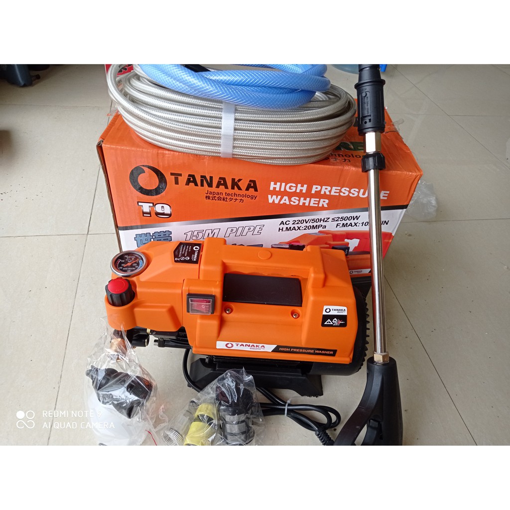 Máy xịt rửa xe mini áp lực cao chỉnh áp Tanaka 2500W , Máy rửa xe gia đình – Tặng bình tạo bọt