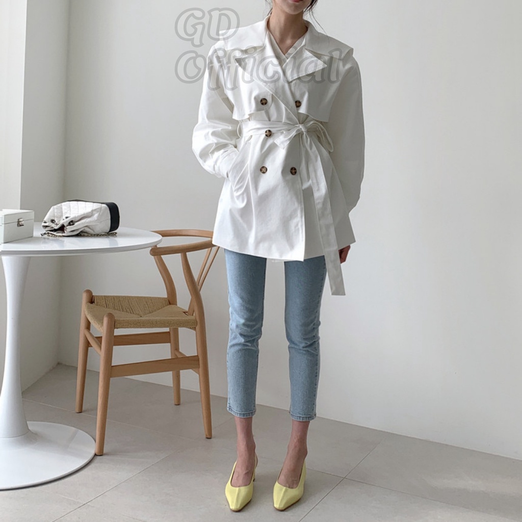 K37|Áo khoác gió nữ mangto sơ mi polo dáng vest ngắn blazer dài tay suông rộng buộc eo phồng trơn trắng GD Official
