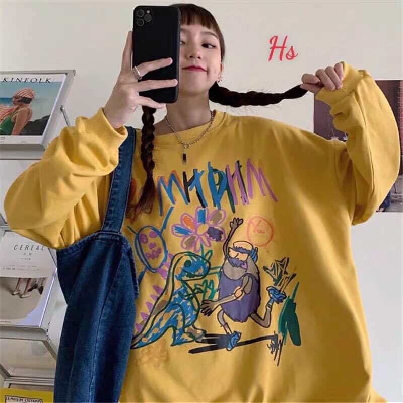 áo nỉ bông cổ tròn dài tay dáng rộng sweater vẽ khủng long người tiền sử Hs TC