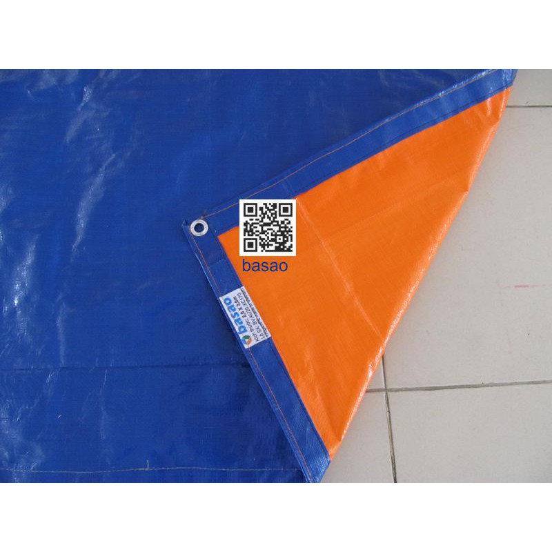 Tấm bạt may sẵn, kích thước 2,5 x 5m, màu xanh - cam, không thấm nước, viền tăng cường, khuy kim loại