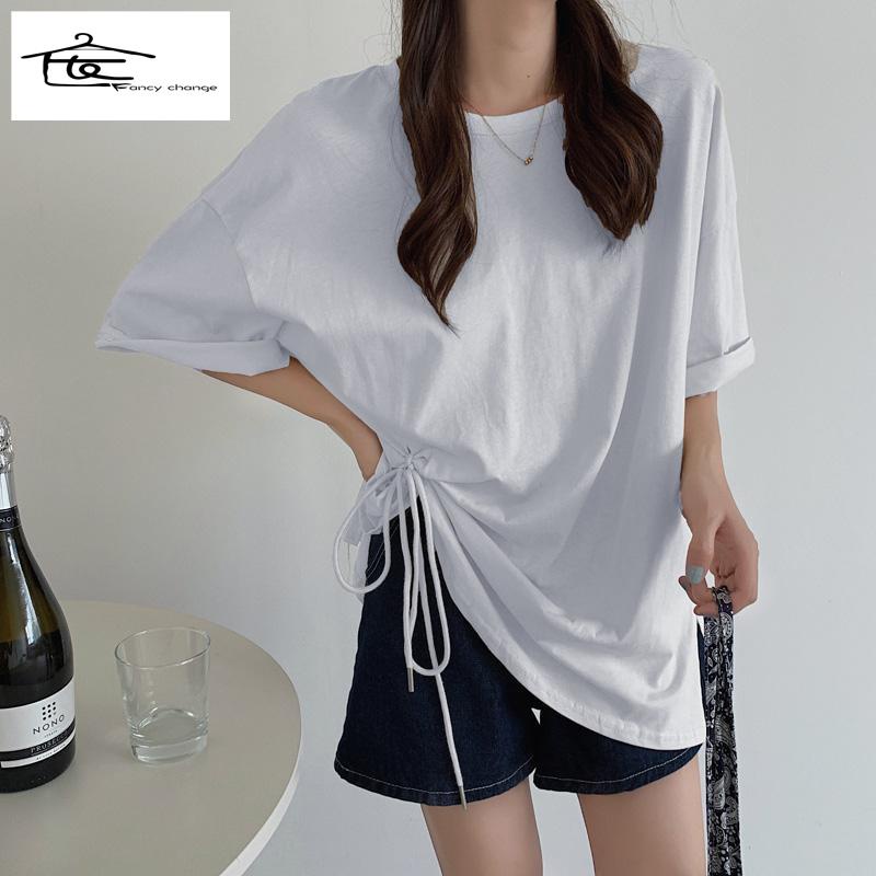 Hàng Có Sẵn Bán Chạy~Áo Thun Tay Ngắn Dáng Rộng Phối Dây Rút Thiết Kế Xẻ Tà Cỡ Lớn 300 Jin Thời Trang Cho Nữ