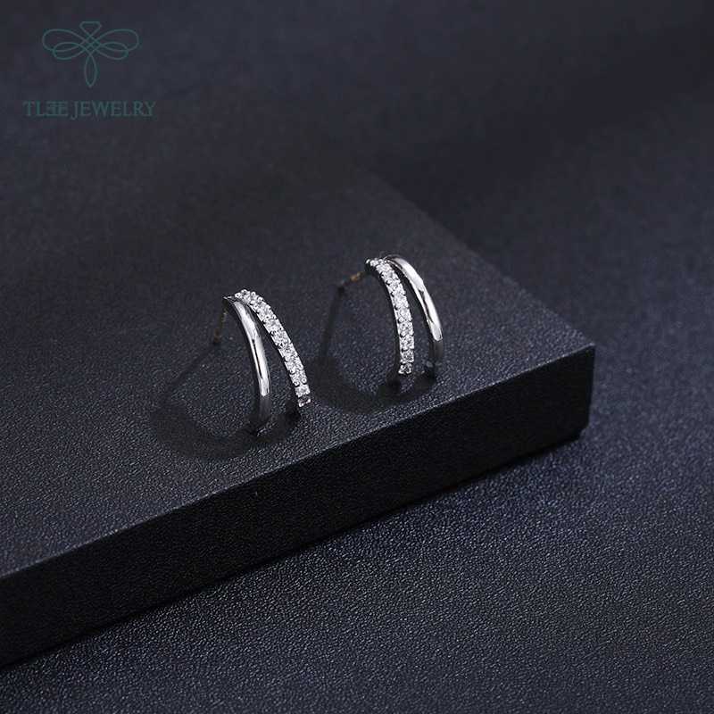 Khuyên tai bạc nữ TLEE móc kép cá tính nạm đá sang trọng TleeJewelry B0199