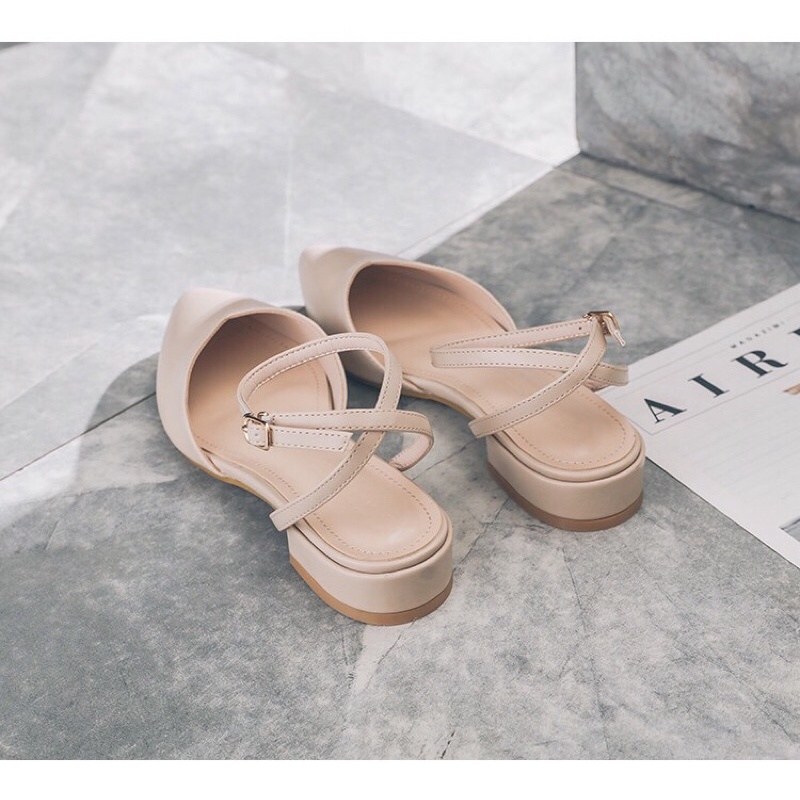 Giày búp bê nữ gót thấp kiểu dáng mũi tim đơn giản có dây sandal - SB43 - Oula Store
