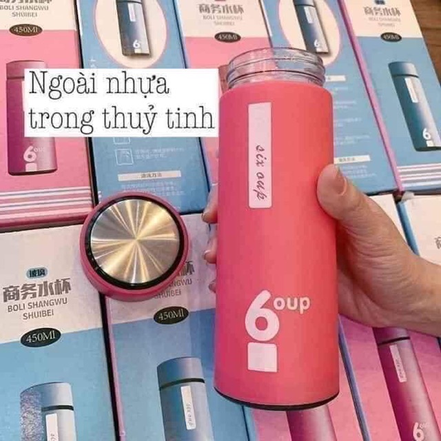 Bình Nước Giữ Nhiệt 6oup Lõi Thuỷ Tinh Vỏ Nhựa Dày Dặn 450ml