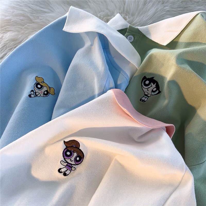 Áo polo unisex thêu logo cute - Áo thun nữ tay lỡ cổ bẻ chất cotton mềm mát dễ phối đồ màu trắng, xanh dương, xanh lá