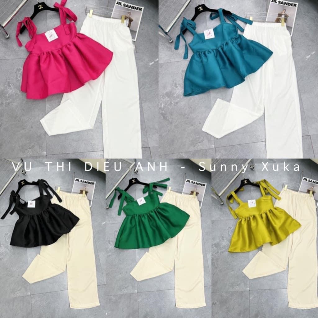 Set áo babydoll 2 dây nơ vai quần suông ống rộng TH513