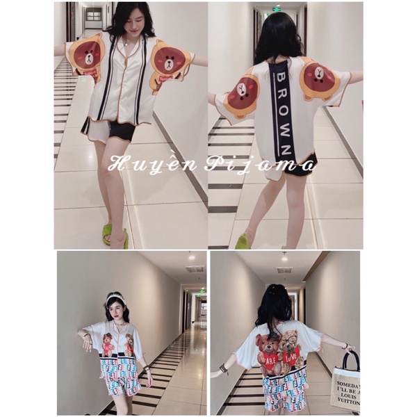 Đồ bộ ngủ pijama tay ngắn quần đùi hình gấu lụa Latin