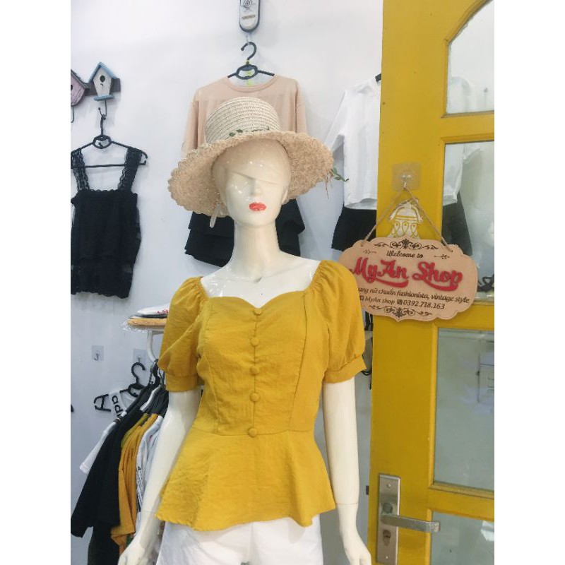 ÁO KIỂU CỔ TIM VAI BỒNG BO EO NÚT BỌC‼️