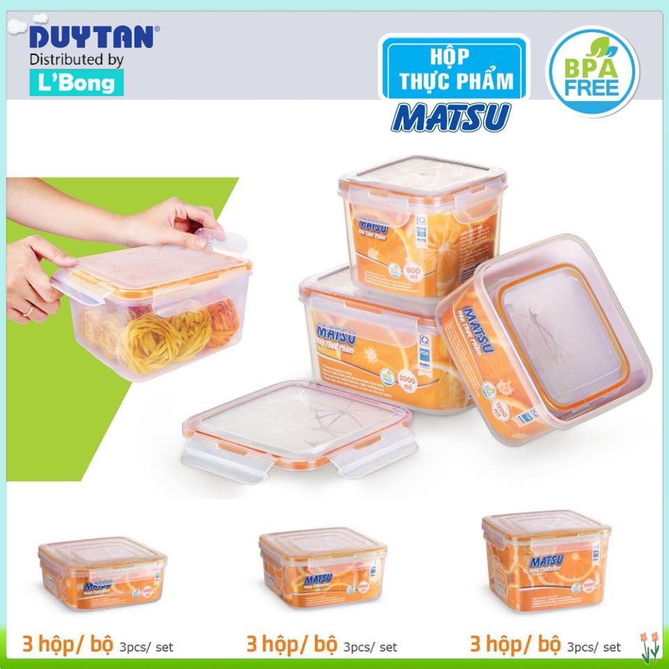 Bộ 3 Hộp đựng thức ăn Matsu (Hộp nhựa vuông)