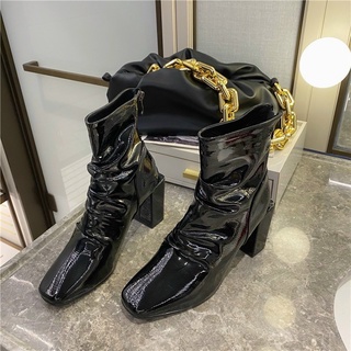 Boot nữ nhún da bóng đế trụ 7 phân sang chảnh