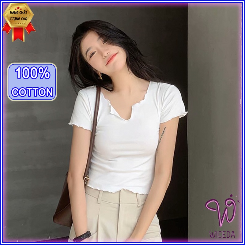 Áo croptop tay ngắn xinh ôm body , áo thun kiểu cộc tay nữ chất cotton mềm mịn 2 màu đen trắng Wiceda CT254