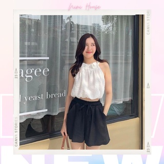 Áo croptop thô xốp bo chun cổ yếm rút dây trơn 4 màu ngọt ngào