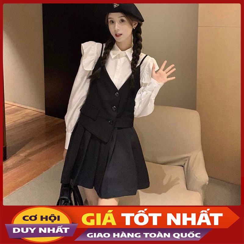 Sét Áo Sơ Mi Tay Dài Cổ Chữ V Kèm Đầm Dây Phong Cách Hàn Quốc M0586-Violet