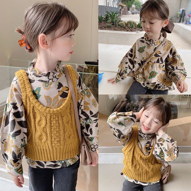 Áo sơ mi tay dài chất liệu polyester mềm mại in họa tiết hoa phong cách Hàn Quốc cổ điển thời trang cho bé gái 4-6 tuổi