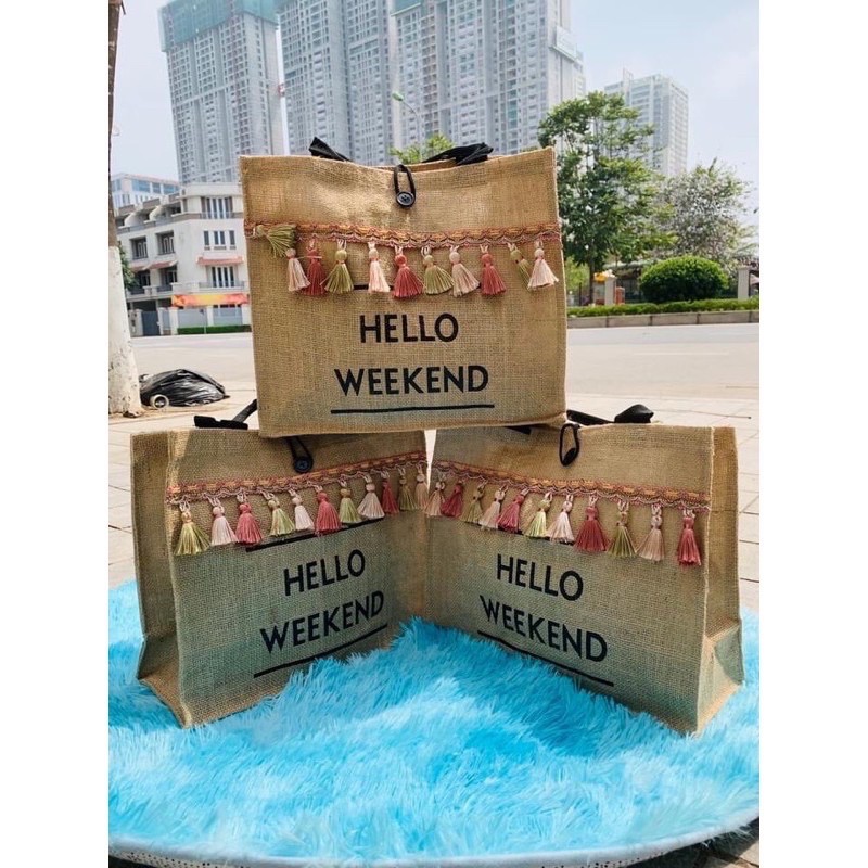 Túi Cói Đi Biển Đi Du Lịch Giá Rẻ Đẹp Hello Weekend Móc Tua Rua