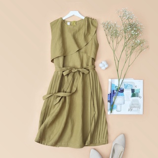 Đầm linen KACHISA vạt chéo phối li nút bọc màu rêu