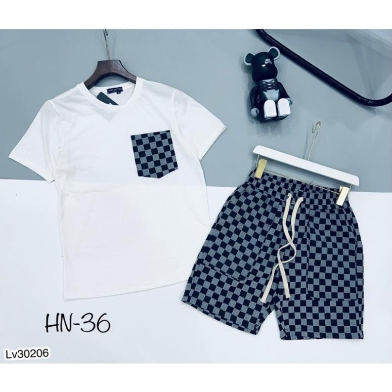 [Sẵn Hàng] Bộ Quần Áo Nam LV Thêu Hoạ Tiết Vải Cotton Mát Mịn - Bộ LV Nam Phối Quần Kẻ Caro