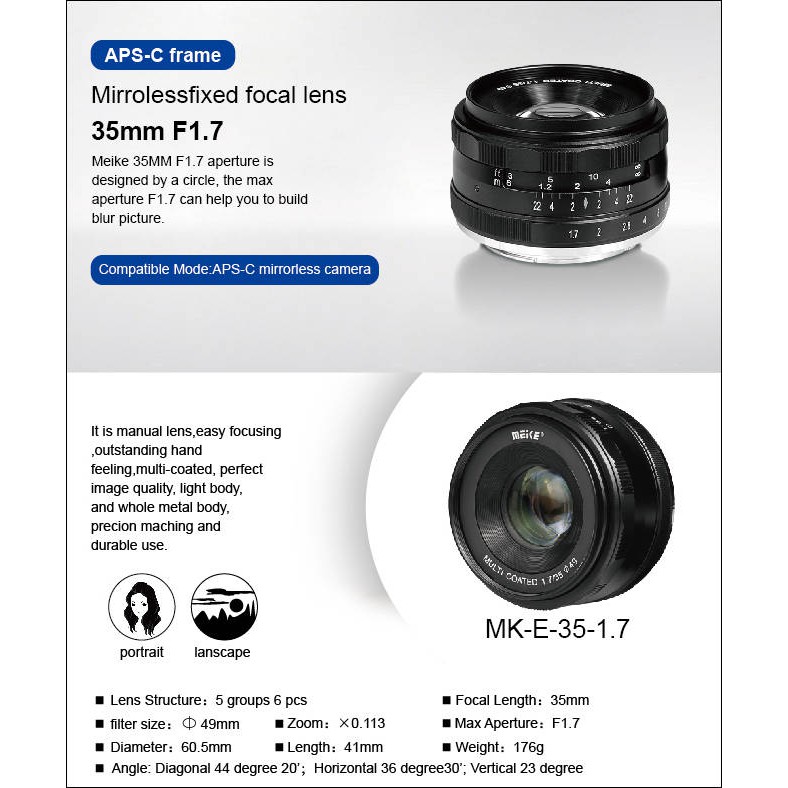 (CÓ SẴN) Ống Kính Meike 35mm F1.7 - Dùng Sony E, Fujifilm, Canon EOS-M và Panasonic Olympus M43