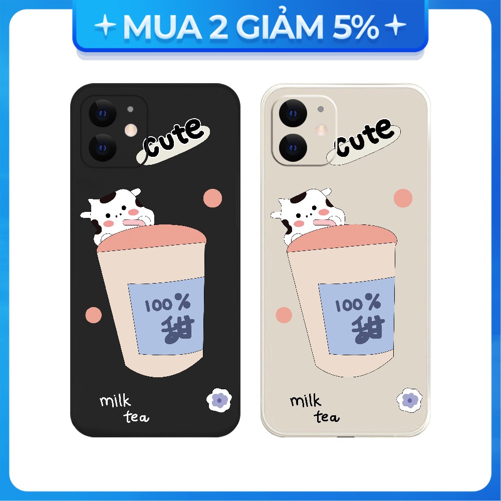 Ốp Lưng iPhone 11/14 Pro Max/15 Pro Max/16 Pro Max/17 Pro Max TPU Cạnh Vuông Hình Milk Tea