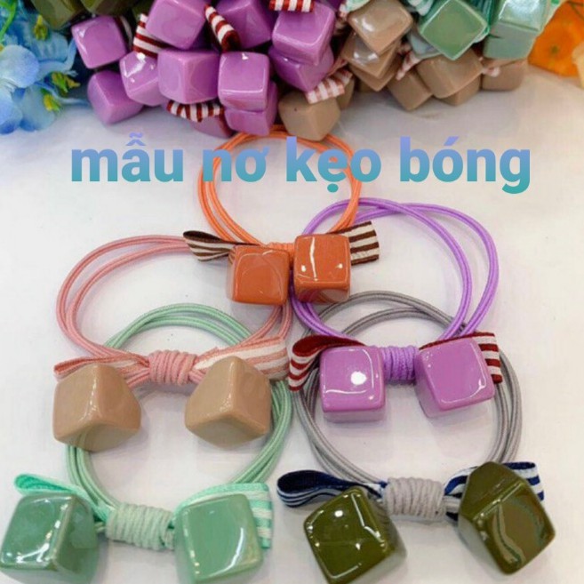 Set 2 dây buộc tóc, cột tóc hạt trai nhân tạo có nơ vải von bóng cao cấp