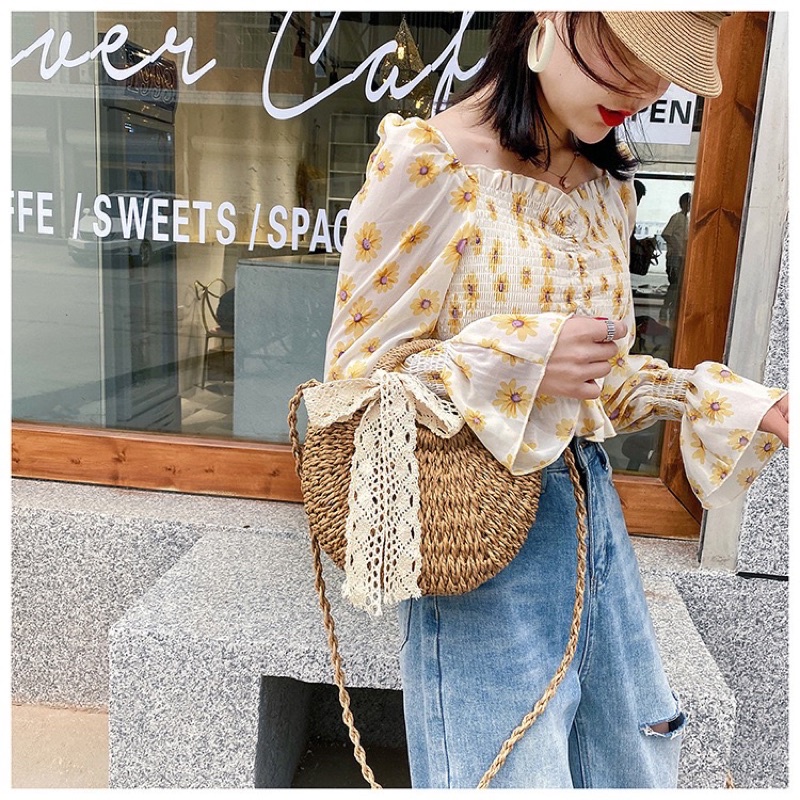 Túi Cói Bán Nguyệt Nơ Xinh Vintage
