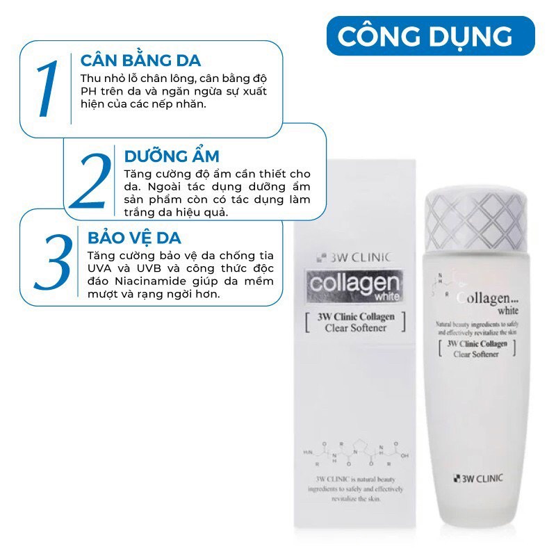 Nước hoa hồng 3w Clinic colagen sạch da, dưỡng trắng, tái tạo da 150 ml NPP Shoptido