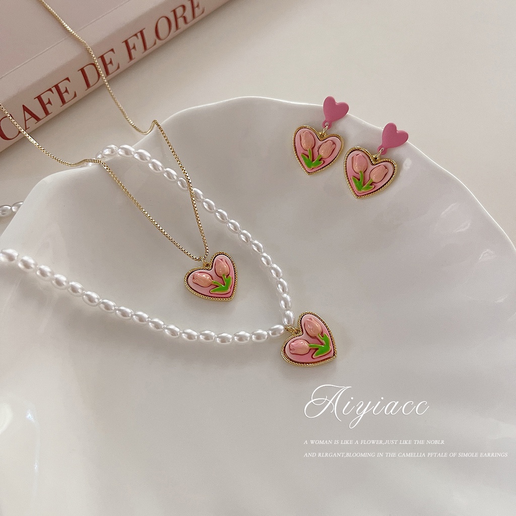 Vòng cổ/ Đôi bông tai 17KM mạ vàng hình hoa tulip đính ngọc trai giả xinh xắn