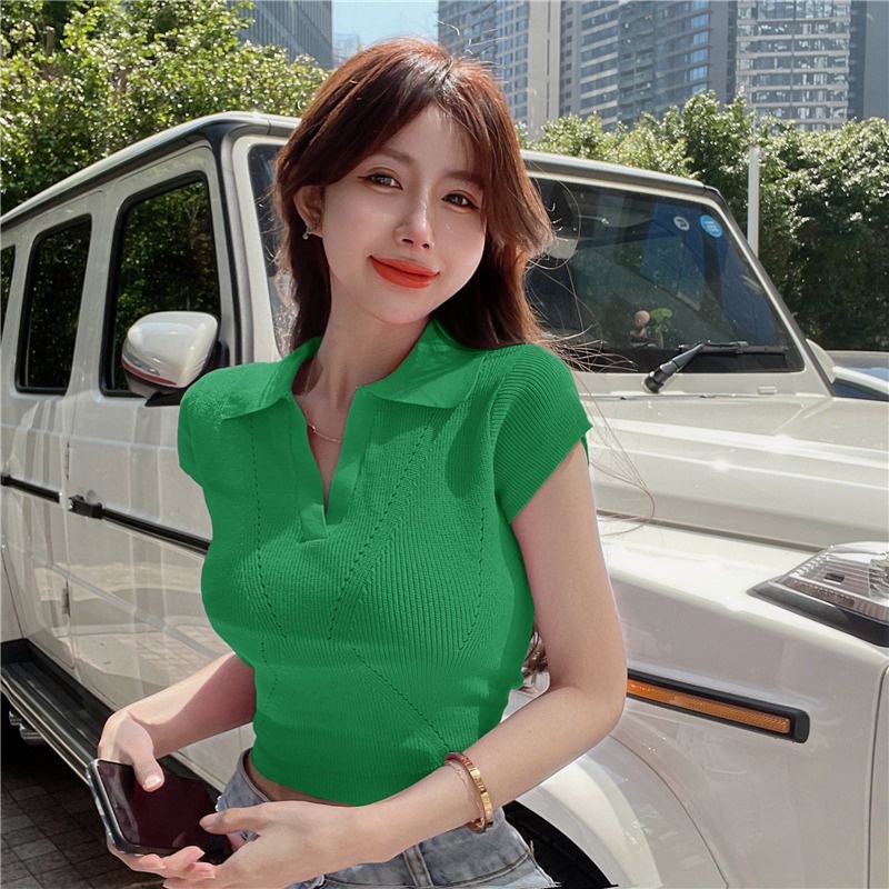 Áo thun polo dệt kim ZHELIHANGFEI ngắn tay lưng cao thời trang