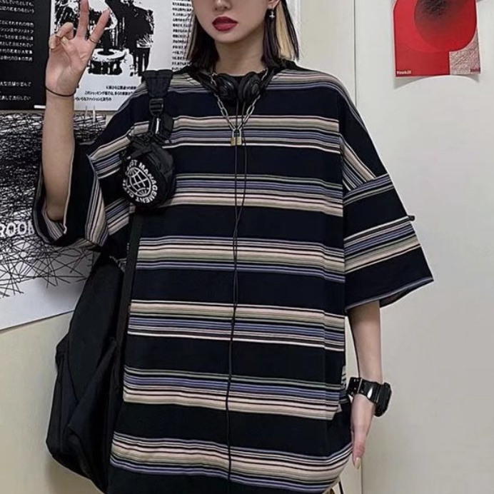 Áo Thun nam Tay Ngắn áo phông nam Cổ Tròn Họa Tiết áo phông Sọc Ngang áo thun tay lỡ phong cách Hàn Quốc áo thun unisex thời trang áo thun nam form rộng