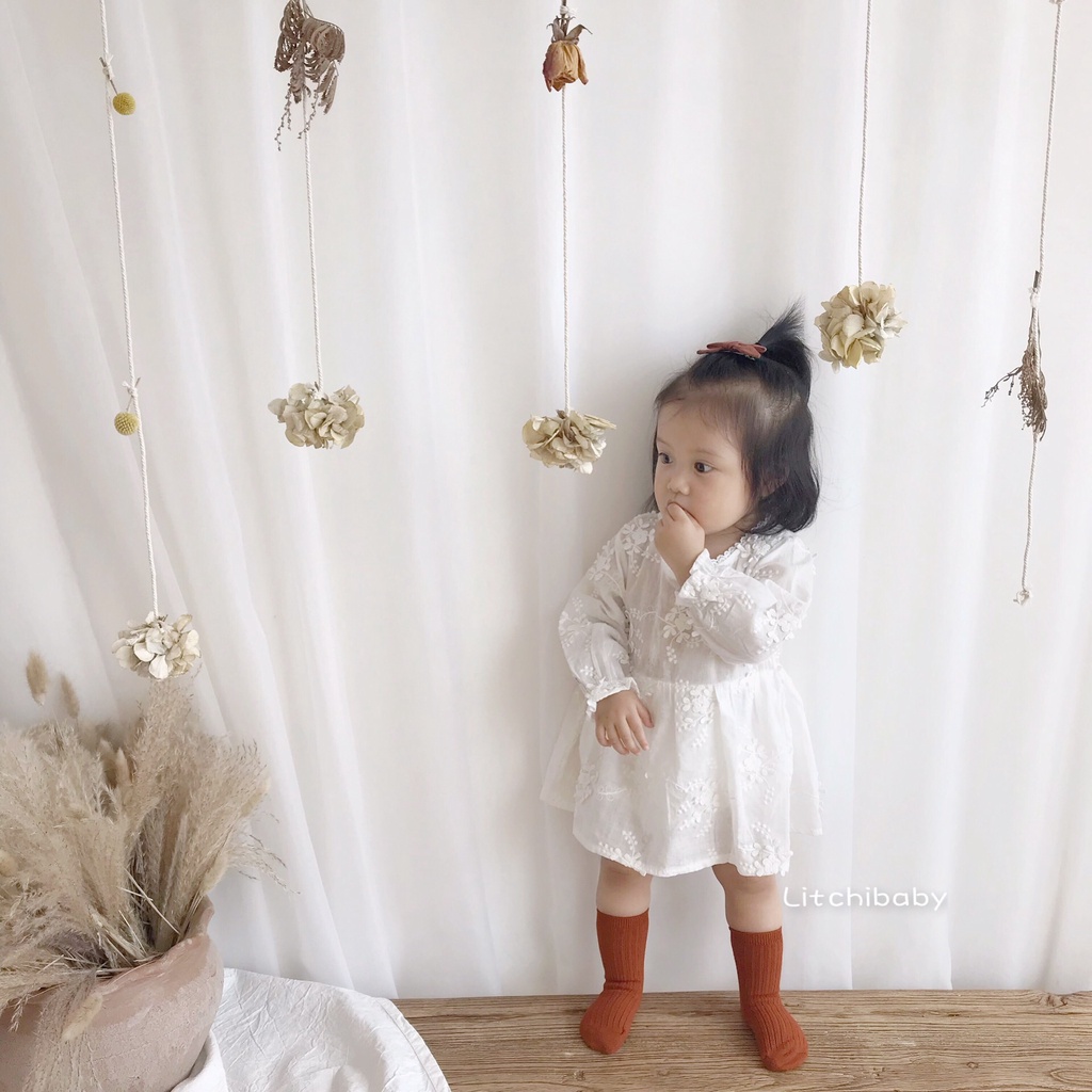 Bộ áo liền quần tay dài phối ren xinh xắn cho bé gái sơ sinh