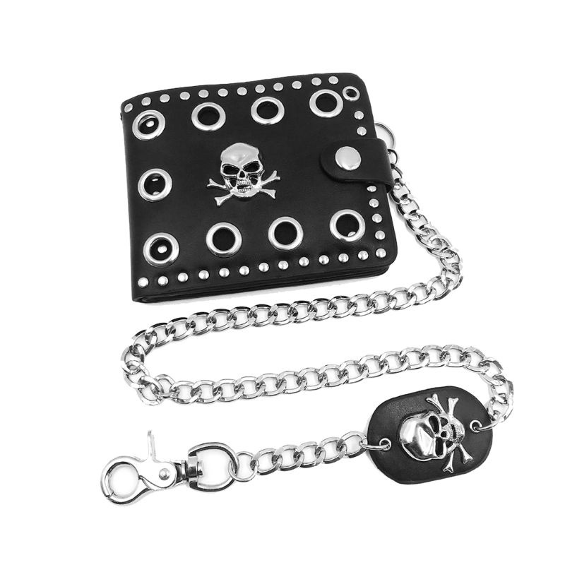 Ví da cầm tay hình đầu lâu phối dây mắt xích kiểu punk gothic năng động thời trang dành cho nam