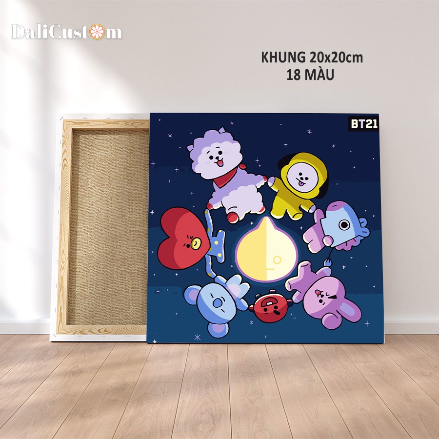 Tranh Tô Màu Số Hóa BT21 Căng Khung Sẵn 20x20cm 40x40cm Có Sẵn