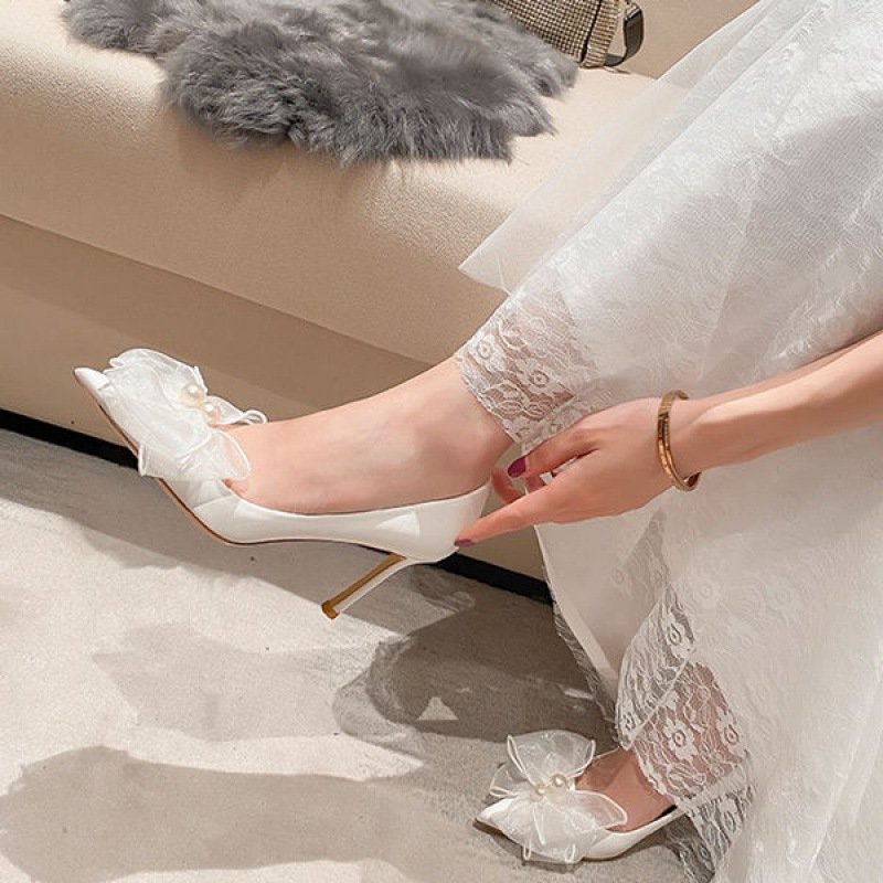 Giày cao gót nơ hạt ngọc gót nhọn Chị Đẹp Store mã H171