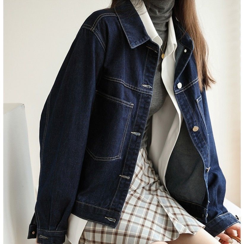 Áo khoác denim dáng rộng ngắn màu xanh đậm phong cách Hong Kong thời trang xuân thu cho nữ