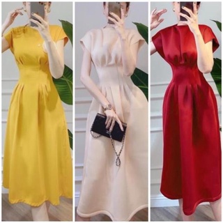 X2 váy dáng xòe tay con xếp li eo Đầm đỏ dự tiệc cổ tròn du xuân noel Tết kem vàng 3 màu (kèm hình thật)