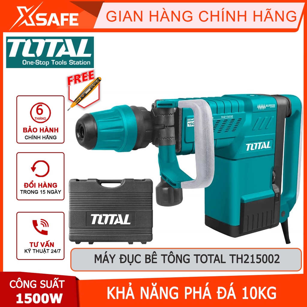 Máy đục bê tông TOTAL TH215002 Máy khoan đục công suất 1500W, lực va đập 6-25J, kèm 2 mũi đục, có chế độ chống rung