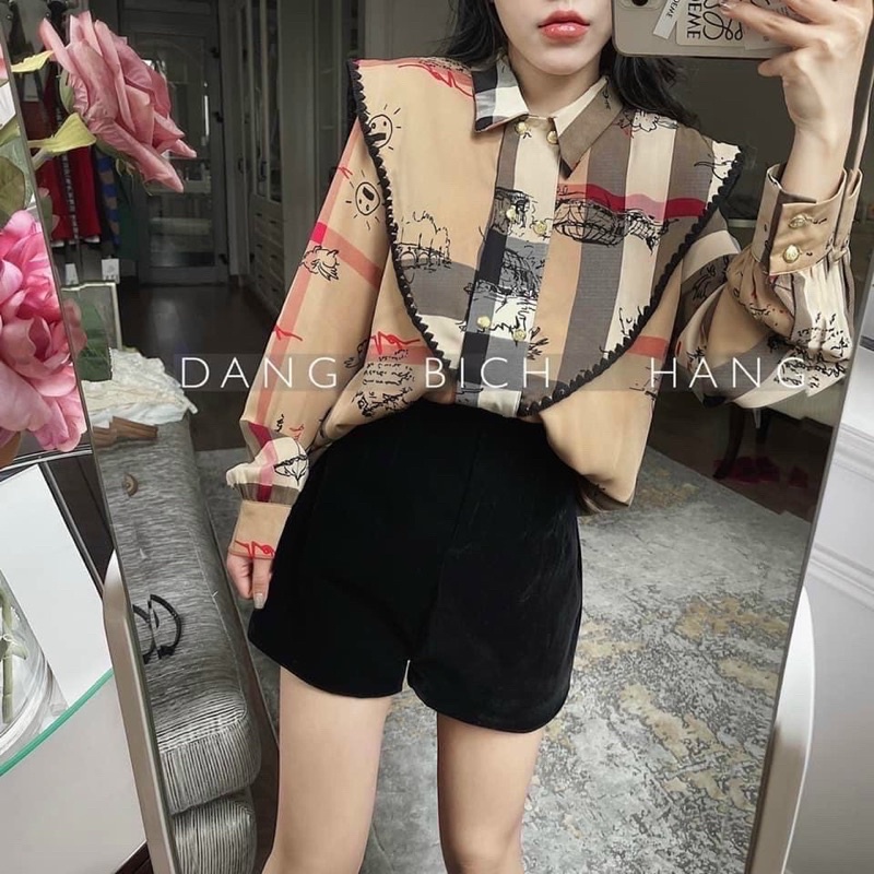 ÁO SƠMI/SƠMI KẺ BBR IN HÌNH CÁCH ĐIỆU CỔ NGỰC ÁO HÌNH NHỌN CHẠY VIỀN ĐEN 2 CÚC HOT HIT
