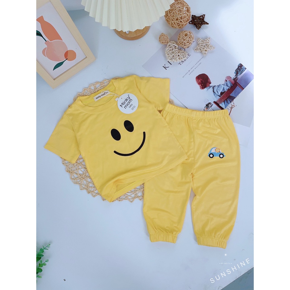 [Size 7-18kg] Bộ Áo Cộc Tay Quần Dài Vải Thun Lạnh Minky Mon Hình Mặt Cười Cho Bé