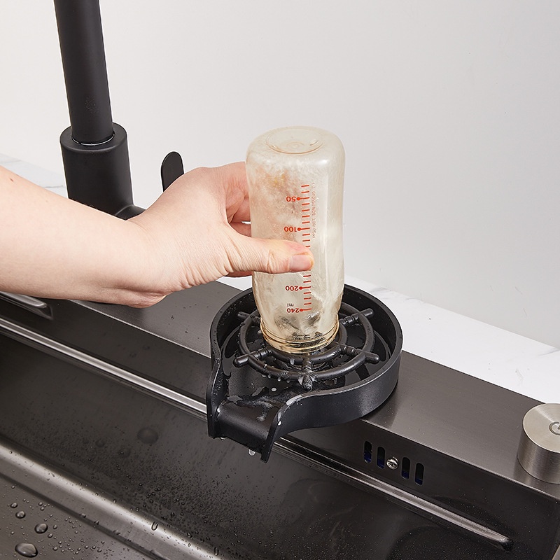 Bộ dụng cụ rửa ly, cốc tự động lắp đặt bồn rửa tiện dụng chất liệu ABS và thép không gỉ màu đen lắp đặt, sử dụng dễ dàng