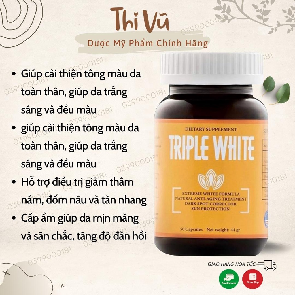 (Nhập Khẩu) Viên Uống Triple White Trắng Da, Chống Năng, Giảm Thâm Nám Glutathione 1200mg(50v) - Thi Vũ