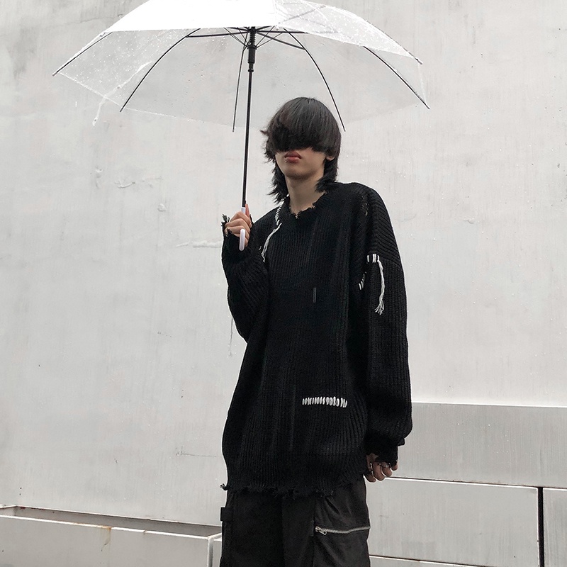 Áo sweater dệt kim dáng rộng phối rách kiểu retro đường phố cá tính cho các cặp đôi