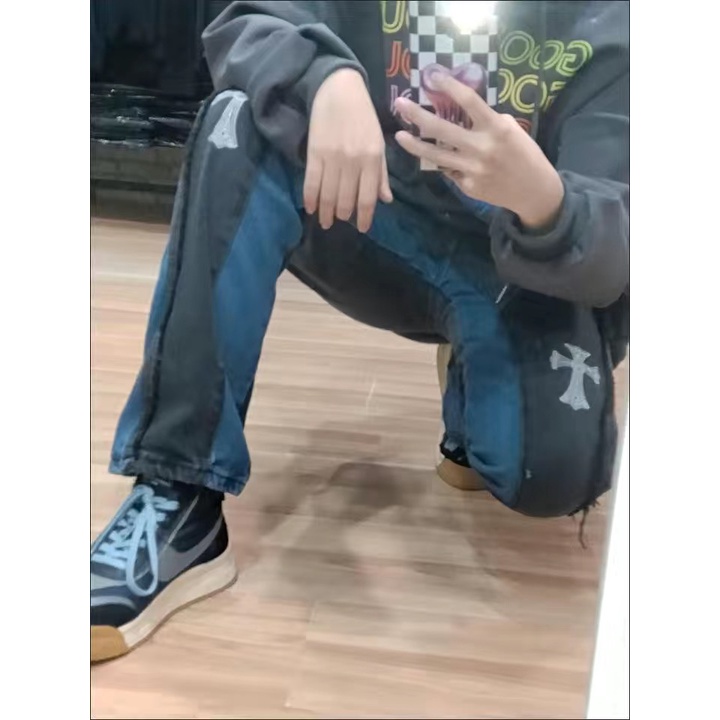 Quần jean ống rộng unisex thánh giá thêu hiphop